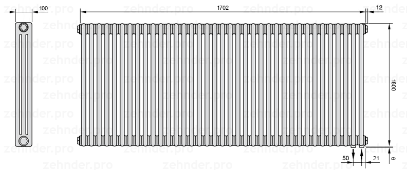 Схема (чертеж) Радиатор Zehnder Charleston 3180/37 №5510 Technoline TL